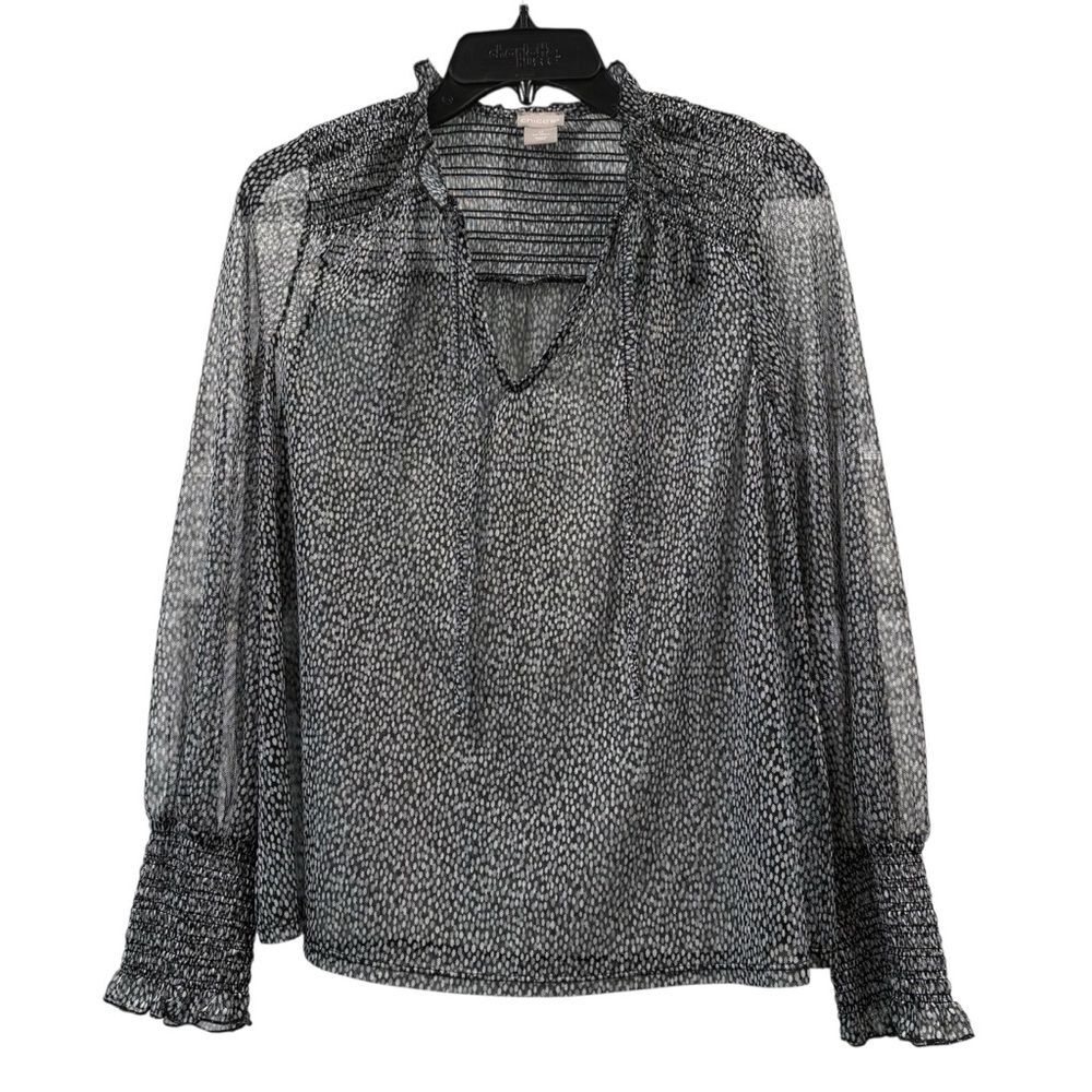 Chico’s Black & White Sheer Polkadot Tie Neck Top Size 0 (US S)